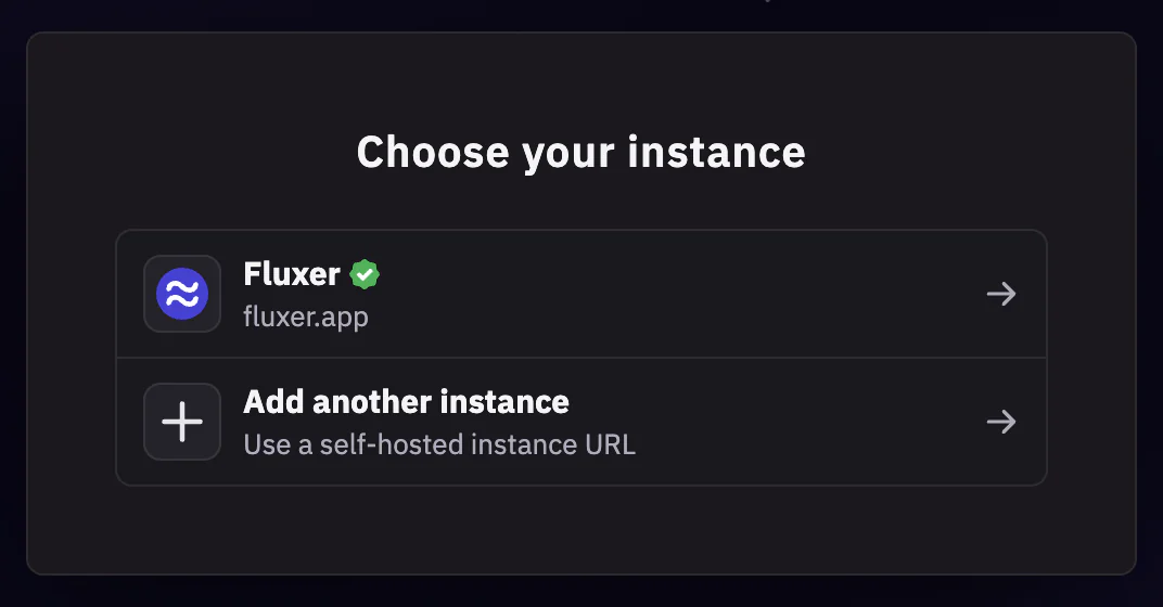 The desktop app asking you to choose your instance, with Fluxer on fluxer.app and Add another instance