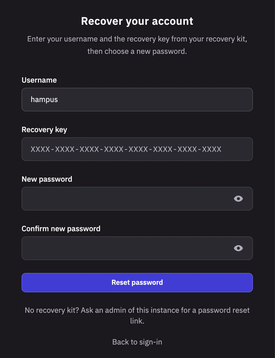 The Recover your account form in the desktop app, with hampus in the Username field, an empty Recovery key field, New password, Confirm new password, a Reset password button and a note that says No recovery kit? Ask an admin of this instance for a password reset link.