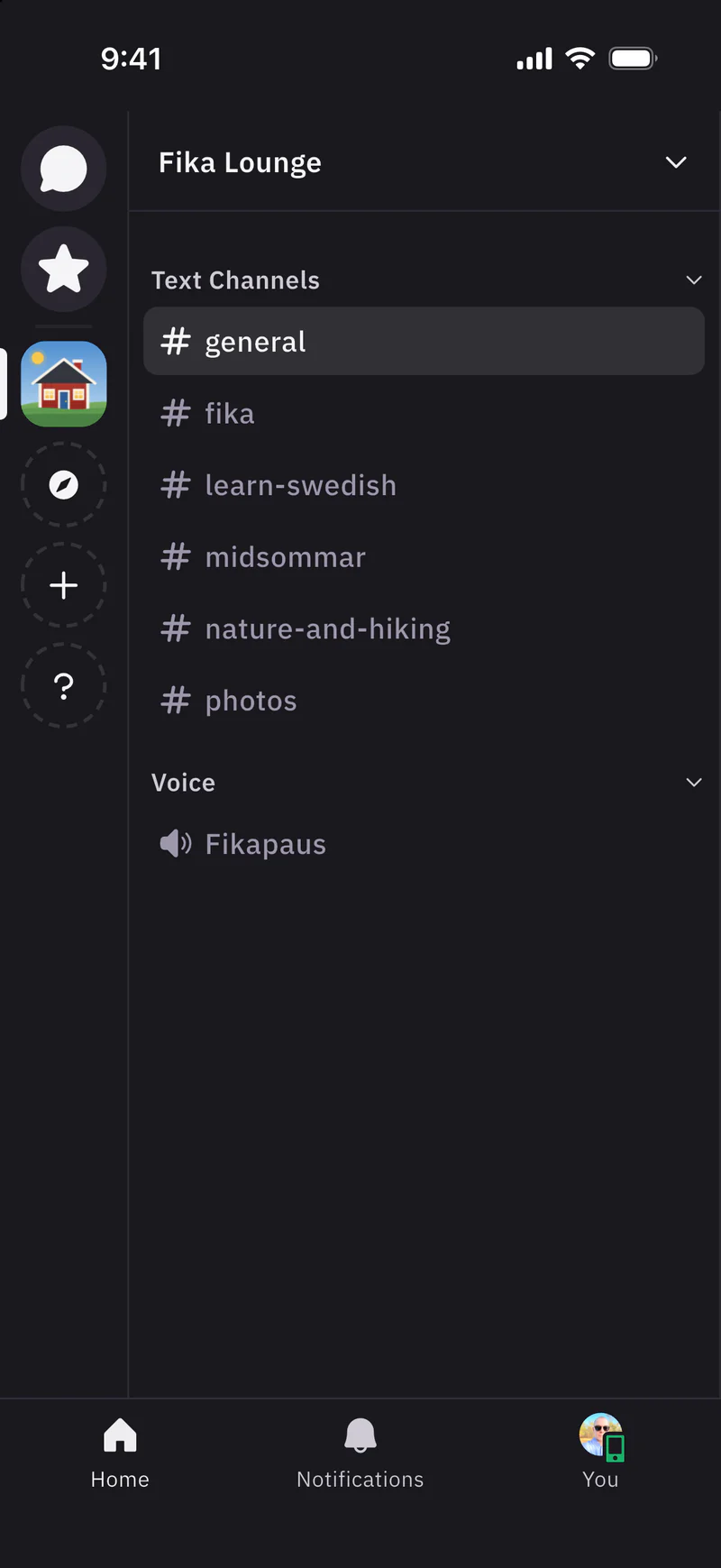 The channel list of Fika Lounge on iOS, with the Fika Lounge icon of a red cottage selected in the community list, the channels general, fika, learn-swedish, midsommar, nature-and-hiking and photos, and the voice channel Fikapaus