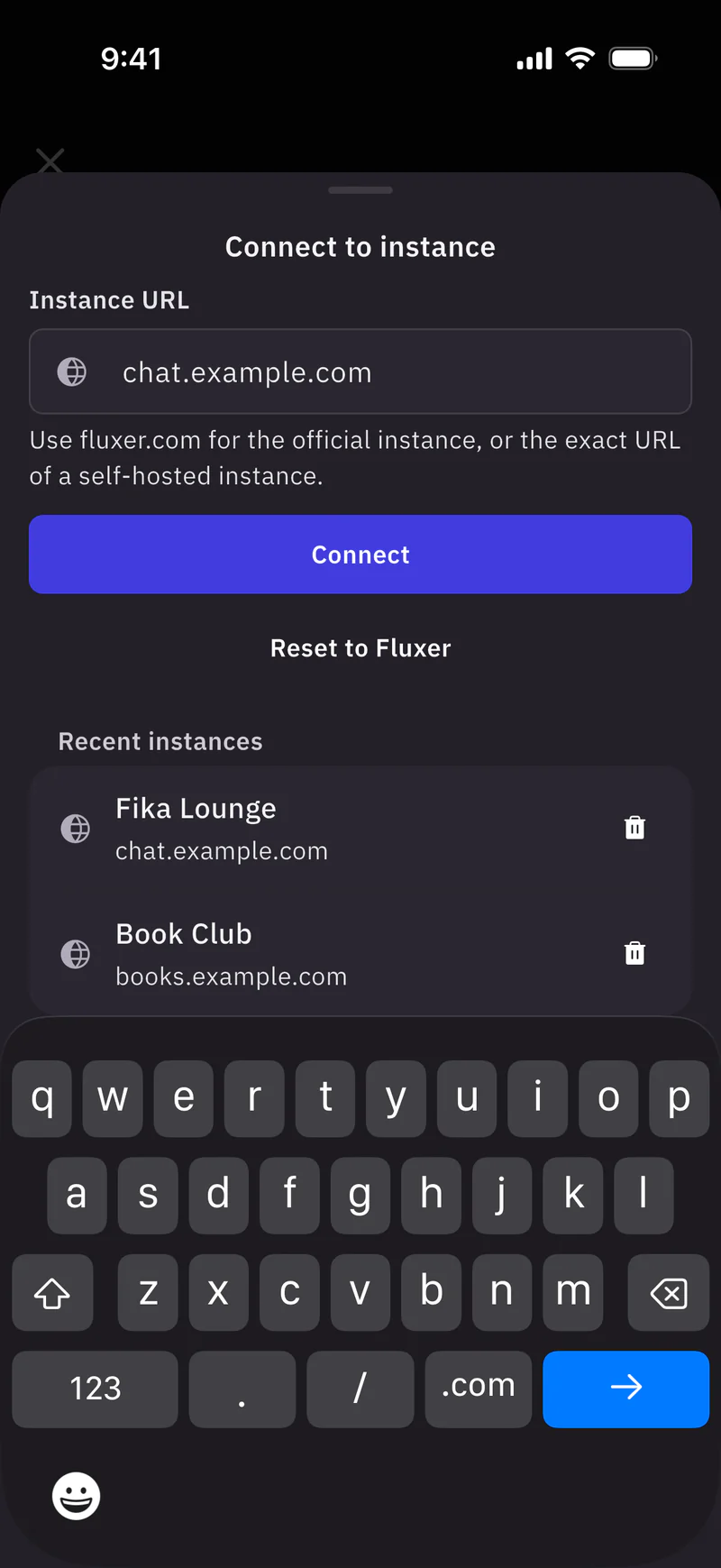 The Connect to instance sheet on iOS with chat.example.com in the Instance URL field, a Connect button, Reset to Fluxer and two recent instances, Fika Lounge on chat.example.com and Book Club on books.example.com