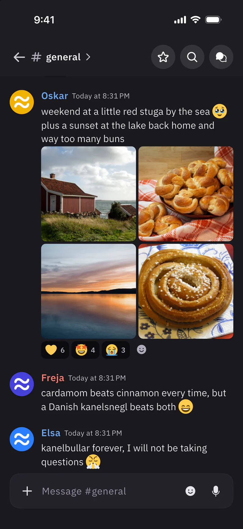 The general channel of Fika Lounge on iOS, with a message from Oskar with four photos, a red cottage by the sea, a tray of cardamom buns, a sunset over a lake and a cinnamon bun, its reactions, and messages from Freja and Elsa about cinnamon buns